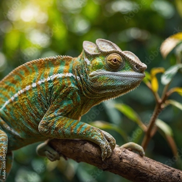 Fototapeta Chameleon Gripping a Branch, Changing Colors