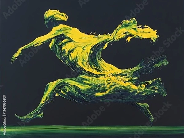 Obraz Abstract Dynamic Yellow Green Figure in Motion Painting