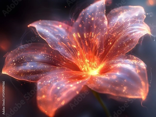 Fototapeta Floral Fantasy: A mesmerizing close-up of a radiant flower, its petals shimmering with an ethereal glow, capturing the essence of fantasy and wonder.