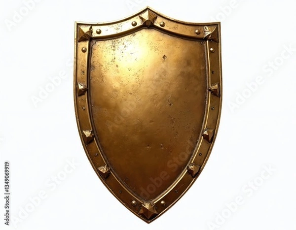 Obraz Gold shield with embossed edges. Shiny surface, decorative studs. Isolated on white background. Medieval, fantasy theme. Armor, protection, security, combat, knight, warrior.