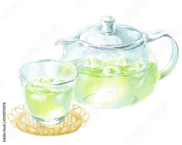 Obraz ガラスの器に入った涼やかな緑茶(冷茶)の水彩イラスト