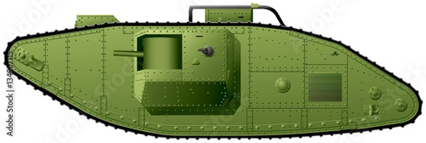 Obraz WWI tank realistic vector illustration, World War I British Mark V heavy tank, used in action in the Great War and in the Russian Civil War on the White Russian side and by the Red Army