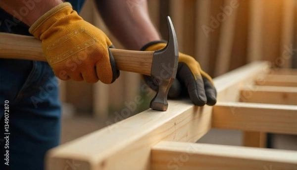 Fototapeta Close-up of a worker's hands using a hammer and nails on a wooden beam