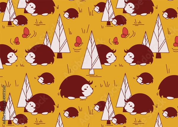 Obraz Vector seamless pattern of many cute hedgehogs, trees signs. Autumn forest background. Bright animal print. Cartoon natural texture. Children's room wallpaper. Funny art for kids textile layout design