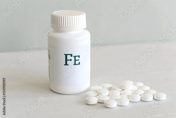 Fototapeta White Plastic Bottle of Iron Supplements, Medical Nutrition Against Fatigue on Clean Background