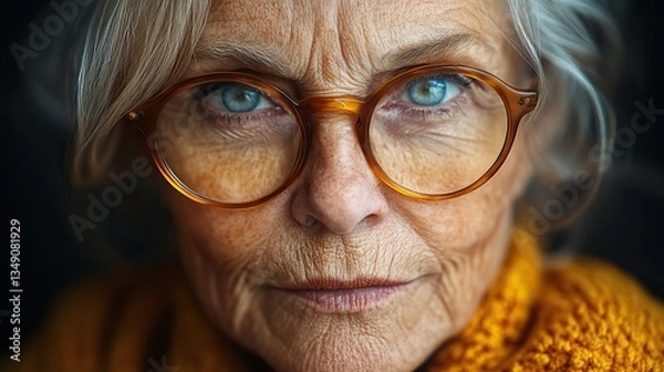 Obraz Elderly woman close-up portrait, glasses, wrinkles, aging skin, suitable for cosmetology, skincare, aging themes.