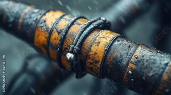 Obraz Close-up of a weathered, orange and black cylindrical object with metallic clamps, speckled with water droplets