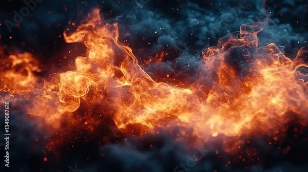 Fototapeta Fire flames burn on a dark background, creating a dramatic visual.