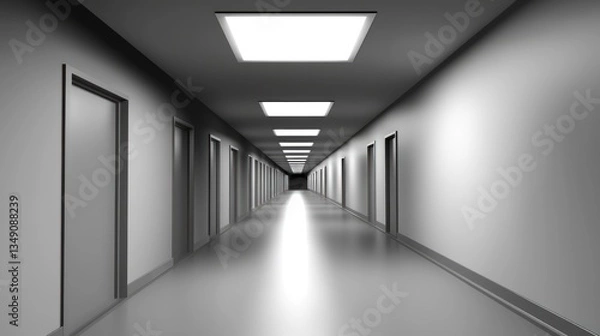Obraz Long, empty corridor with evenly spaced doors and bright ceiling lights.