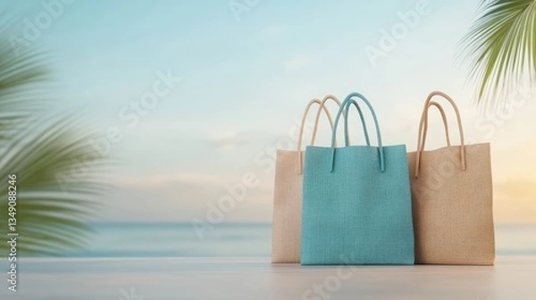 Obraz Three stylish bags sit on a wooden surface, with a serene beach background and palm leaves framing the scene, evoking a relaxed, tropical atmosphere, sustainable living lifestyle.