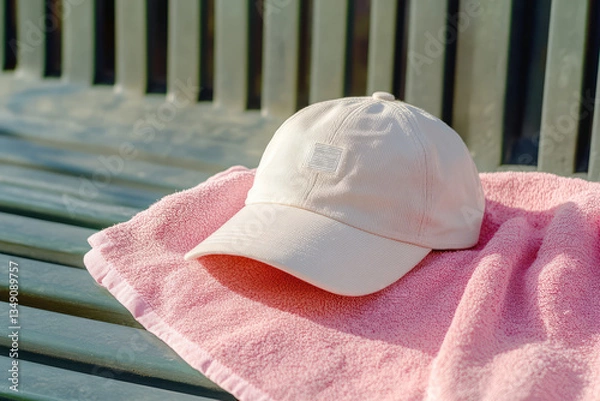 Fototapeta White Baseball Cap on Pink Towel