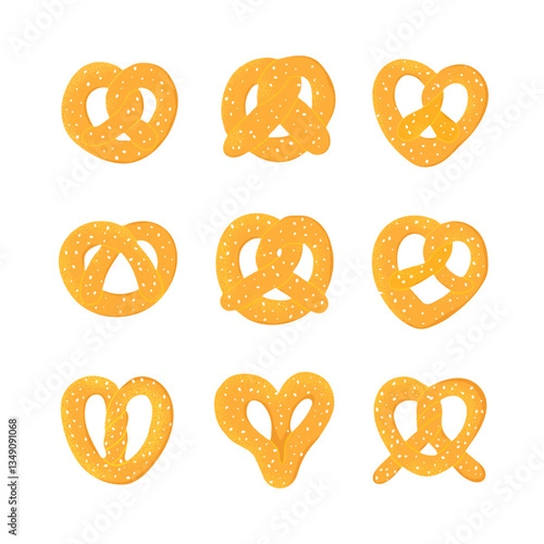 Obraz Set of soft hand-drawn Bavarian Pretzel. Cute bread knot  with sesame seeds isolated on white background. Vector illustration, not ai. Good for patterns and own designs