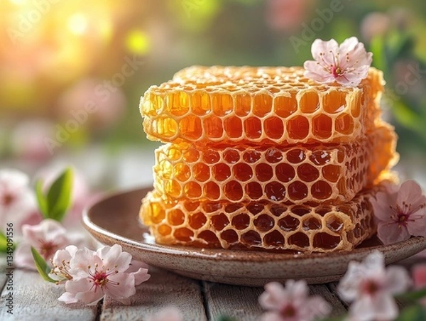 Fototapeta Golden honeycombs stacked on plate, adorned with blossoms. Illustrates natural sweetness, purity, and health benefits.