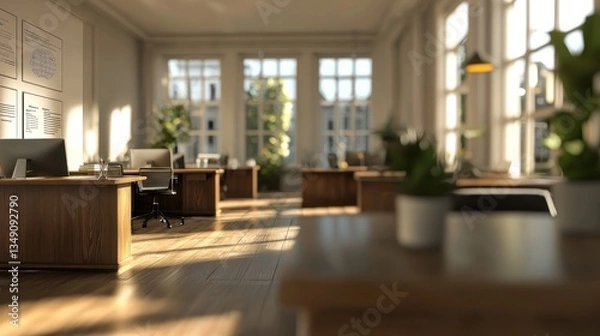 Fototapeta Sunlit Modern Office Workspace: A Serene and Productive Environment