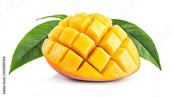 Fototapeta Sliced Mango Fruit with Green Leaves Displaying Juicy Texture and Vibrant Color on White Background