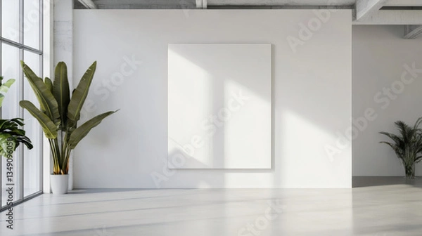 Fototapeta Modern White Room Interior with Large Window Green Plants and Blank Canvas on Wall in a Minimalist Style