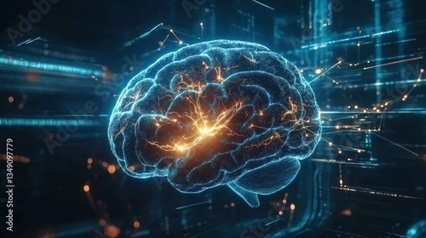 Fototapeta Futuristic glowing digital brain with neural connections and data flow