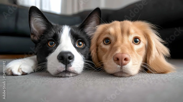 Fototapeta Black and White Dog and Golden Dog Resting Together on Grey Carpet