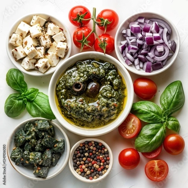 Fototapeta Fresh Mediterranean Salad Ingredients in White Bowls on White Surface, Top View