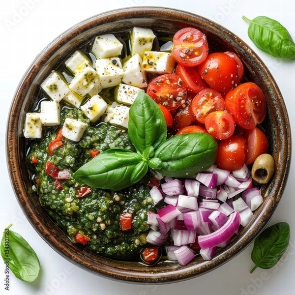 Fototapeta Overhead Shot of Mediterranean Salad with Pesto, Feta, Tomatoes, and Red Onion in Bowl