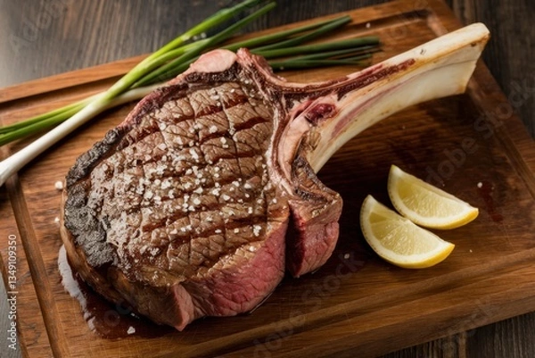 Fototapeta Medium rare tomahawk steak served on a wooden board with garnishes and lemon slices