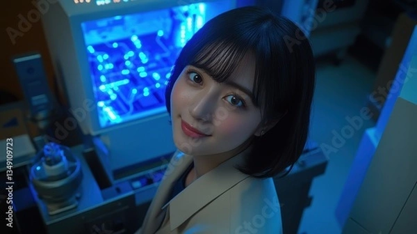 Fototapeta Young Woman Scientist in Futuristic Lab Looking at Camera