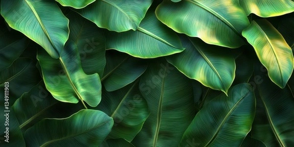 Fototapeta Lush green banana leaves create a vibrant natural backdrop in a tropical setting during daylight