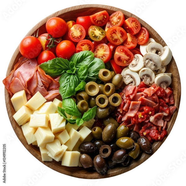 Fototapeta Overhead View of Gourmet Pizza Topping Platter on White Textured Background