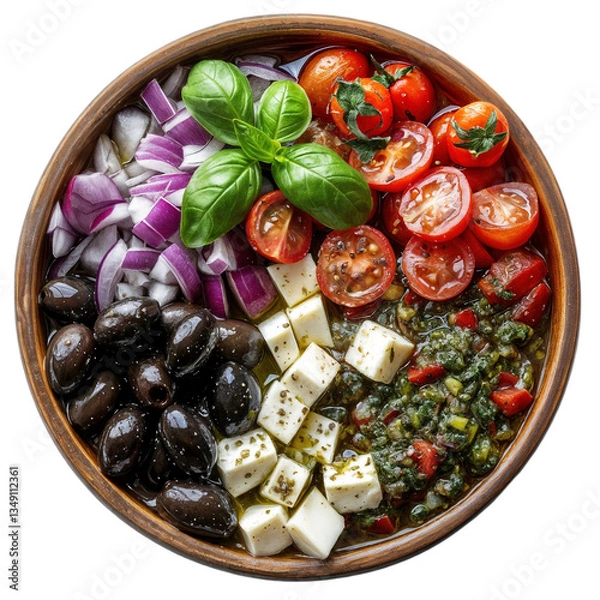 Fototapeta Top-Down View of Mediterranean Salad Ingredients in a Wooden Bowl on White