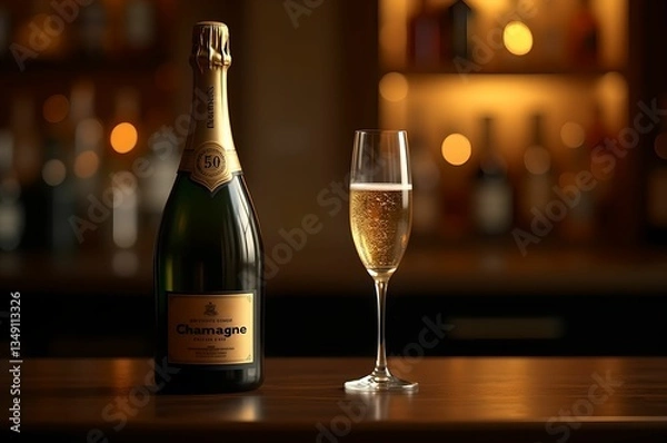 Fototapeta シャンパンボトルとグラスが輝く大人のバータイム