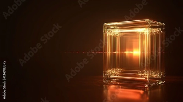 Fototapeta A glowing golden glass cube illuminated against a dark background