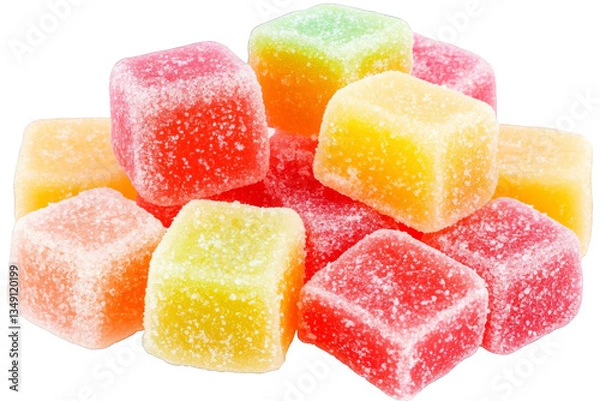 Obraz Colorful Sugar-Coated Fruit Jelly Candy Cubes Pile on Transparent Background Photo