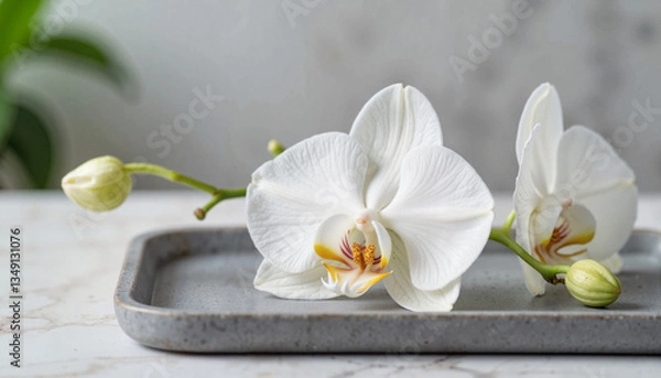 Fototapeta Elegant white orchid bloom on gray spa tray, relaxation concept