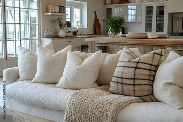 Fototapeta Cozy living room with a large white sofa, featuring various textured throw pillows and a chunky knit blanket.  A rustic kitchen is visible in the background