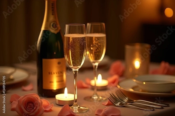 Obraz ロマンチックなキャンドルライトディナーとシャンパンの優雅なセッティング