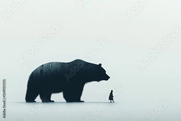 Fototapeta Unlikely encounter between a lone traveler and a majestic bear in a misty wilderness landscape during twilight Generative AI