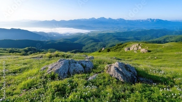 Obraz Mountain Meadow Sunrise. Lush, grassy mountaintop meadow with scattered rocks, blanketed in wildflowers, overlooking a valley with mist-shrouded distant peaks. Sunrise light bathes the scene
