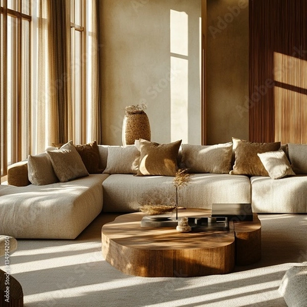 Fototapeta A stylish living room blending modern and cozy elements. Features a spacious sofa in natural tones, minimalist decor with vases, sleek lighting, a woven rug, and indoor greenery.

