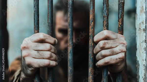 Fototapeta A man grips rusty prison bars with both hands, revealing a sense of desperation and confinement. The dim lighting creates a somber atmosphere, reflecting his struggle and hopelessness