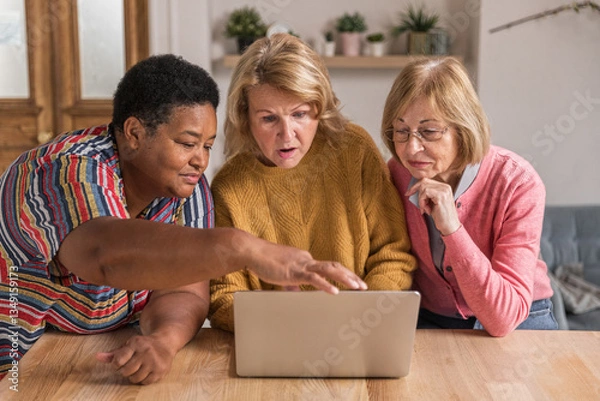 Obraz Senior Women Friends Gathering at Home. Three cheerful retired women enjoying friendly together in living room and chatting. Mature women use laptop computer typing on keyboard and pointing at screen