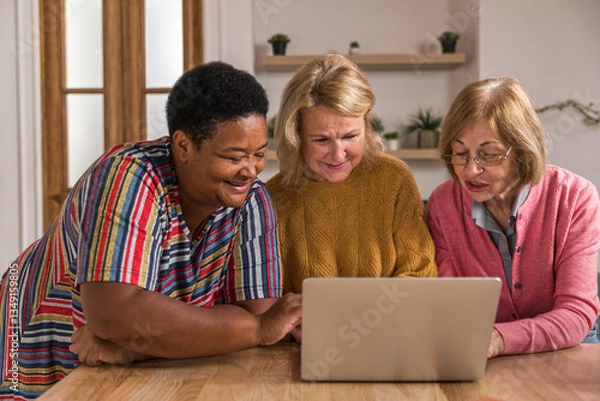 Obraz Senior Women Friends Gathering at Home. Three cheerful retired women enjoying friendly together in living room and chatting. Mature women use laptop computer typing on keyboard and pointing at screen