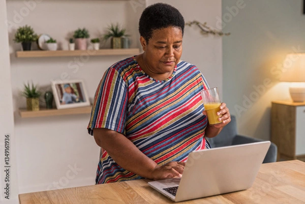 Obraz Senior afro woman sits at table typing on keyboard. Cheerful aged woman working remotely using laptop. Older focused housewife browsing online. Female retired enjoy using computer