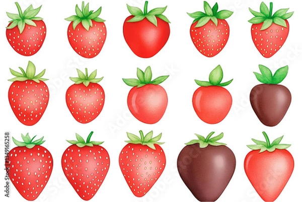 Fototapeta Watercolor Illustration Of Red Strawberries With Green Leaves on Transparent Background Realistic Fresh Fruits Isolated Food Background