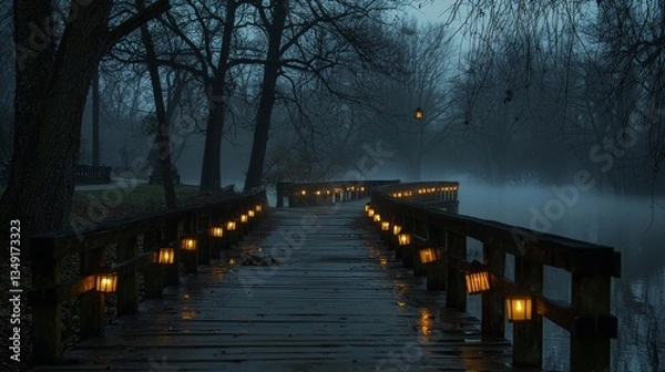 Fototapeta Sleepy hollow bridge over a dark river, broken lanterns hanging, mist rolling across the wooden planks, creepy shadows moving in the distance