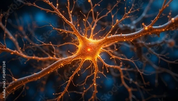Obraz A glowing neuron with a complex network of dendrites, synapses, and axons, representing the intricate connections and pathways within the human brain.