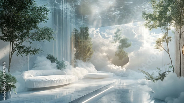 Fototapeta Generative AI  luxurious biophilic interior space featuring surreal elements, natural integration, ambient lighting, and sculptural organic furniture that blend boundaries. 