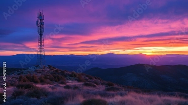 Fototapeta Telecommunication tower at sunset with vibrant sky and mountain landscape