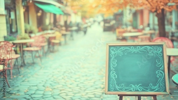 Fototapeta A serene outdoor cafe setting features empty tables amidst vibrant autumn leaves on a picturesque cobblestone street