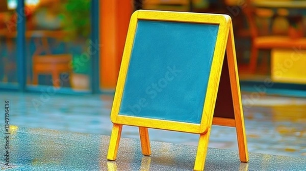 Fototapeta A wooden chalkboard stands on a wet surface outside a cafe, awaiting colorful messages, surrounded by a lively atmosphere and greenery