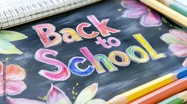 Fototapeta Chalk art on a blackboard features the phrase back to school surrounded by colorful flowers, capturing the spirit of a new academic year